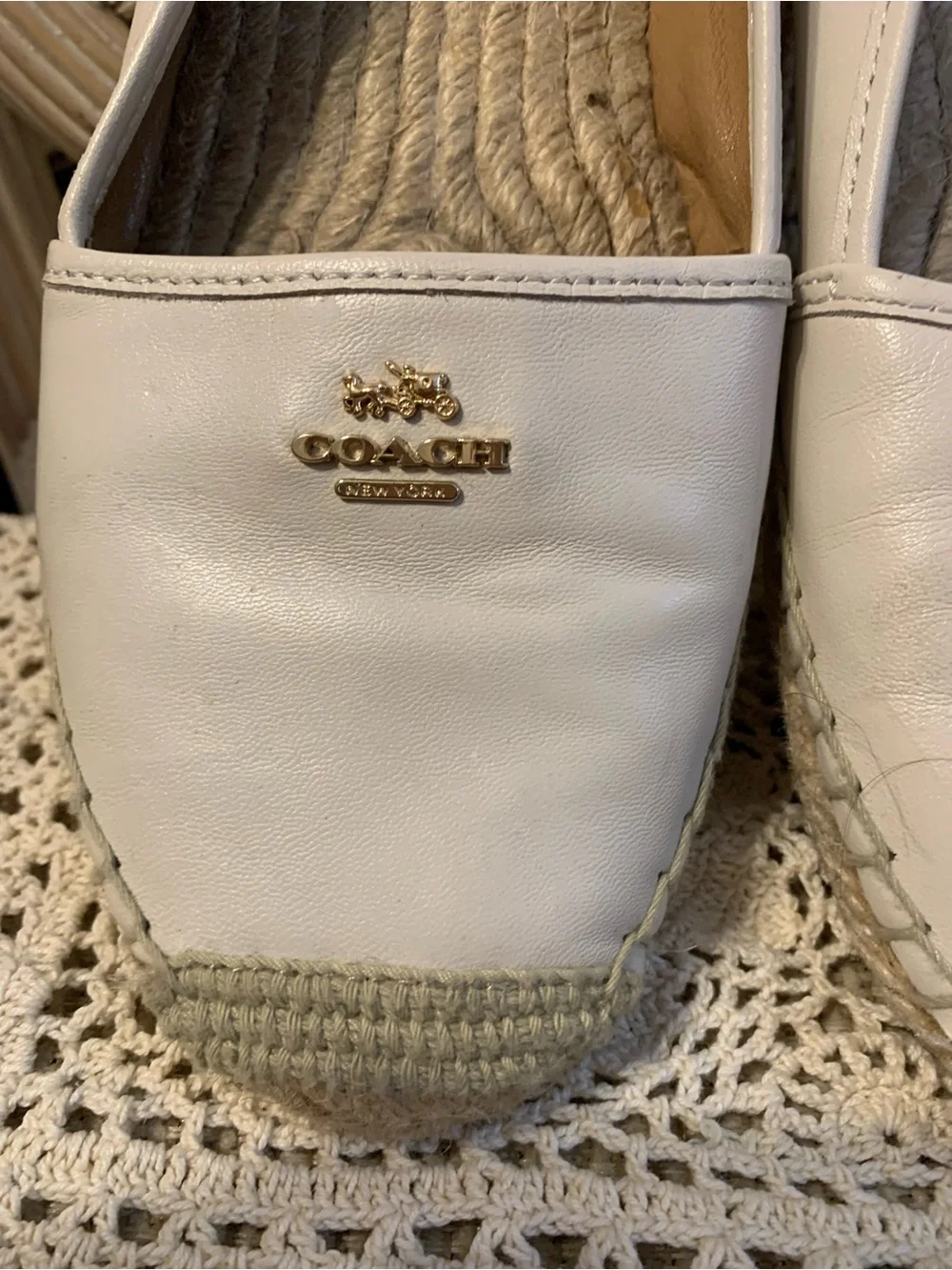 Coach White Leather Espadrille Flats with Gold Logo